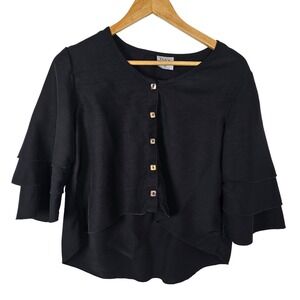 CLICK by Color Me Cotton Black Tiered Sleeve Cropped Button Front Top Womens M